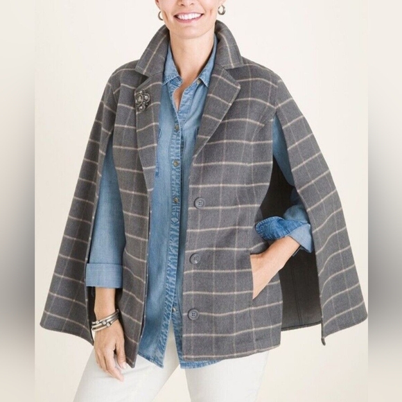 Chico's Plush Cape Jacket w/ Windowpane  Print - Picture 6 of 13